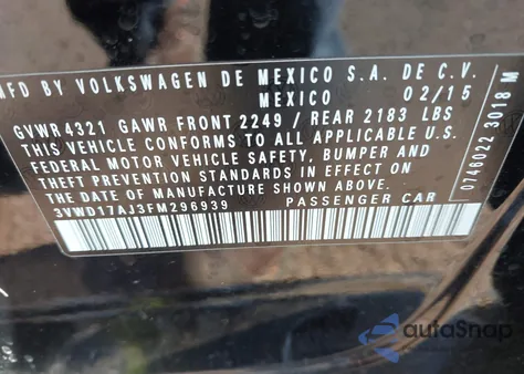 2015 Volkswagen Jetta 1.8T Se из США, поврежденный, VIN 3VWD17AJ3FM296939